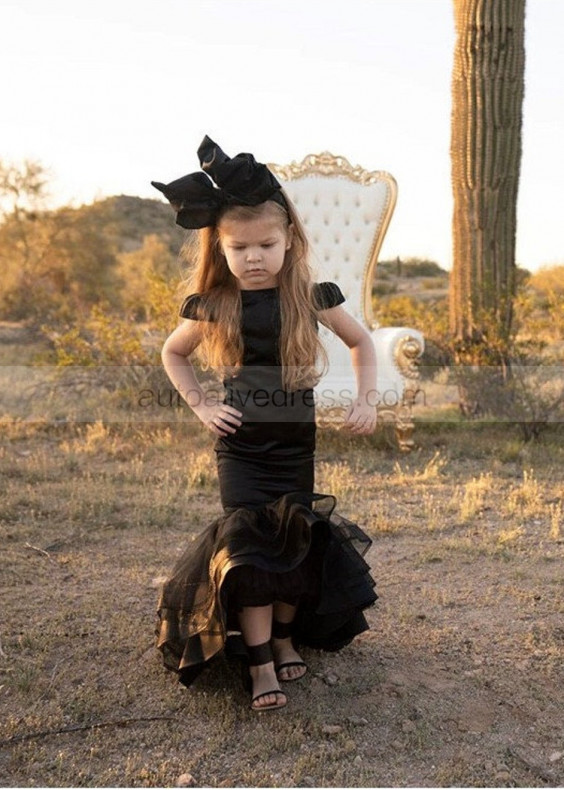 Black Satin Tulle Flower Girl Dress Birthday Party Dress